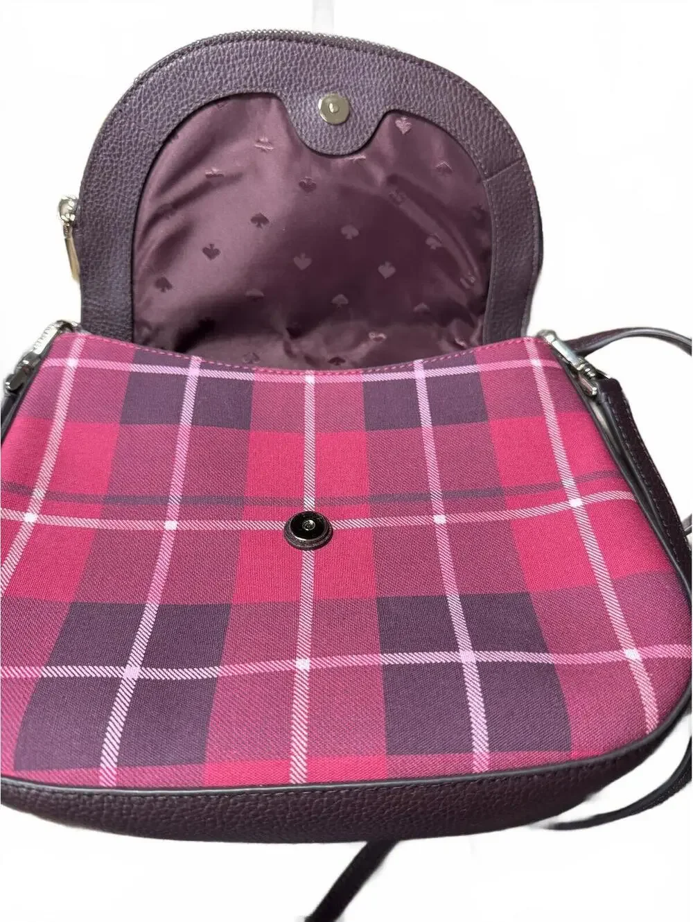 Kate Spade Crossbody Bag with Pink Plaid Pattern and Brown P